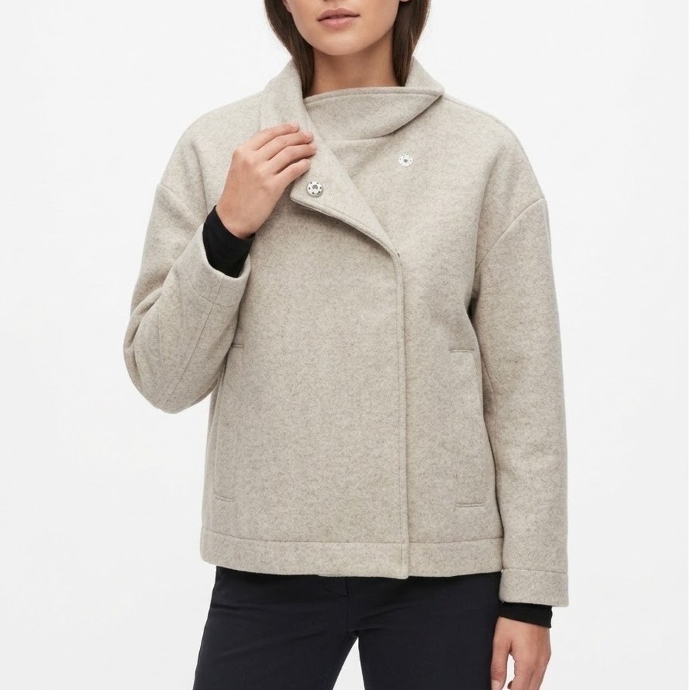 Banana Republic Petite Asymmetrical Funnel Neck Jacket Oatmeal Gray Small P